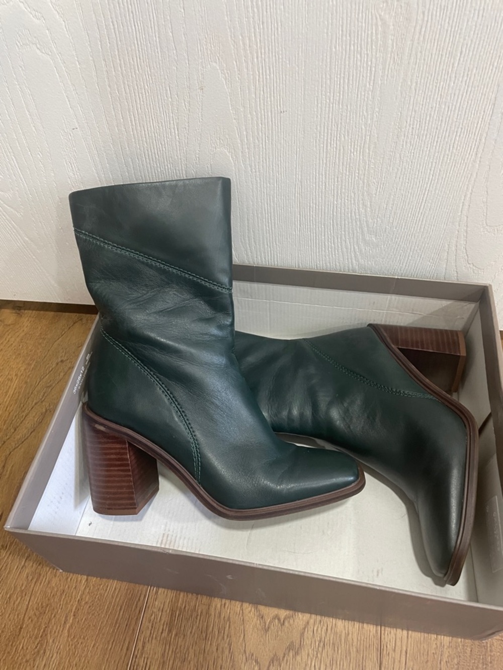 Women’s Dark Green Leather Block Heel Ankle Boots